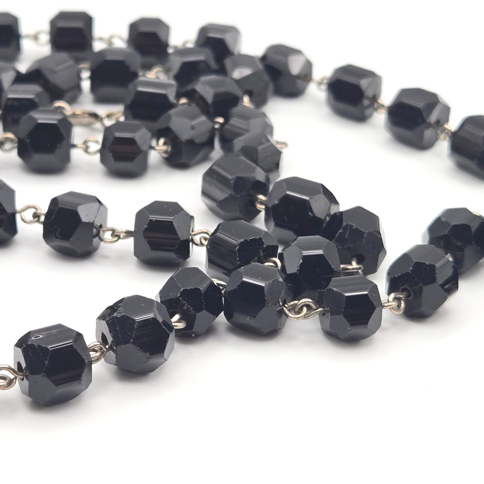 Vintage Black Faceted Czech Glass Bead Necklace | Silver Tone 32 In | 1970s